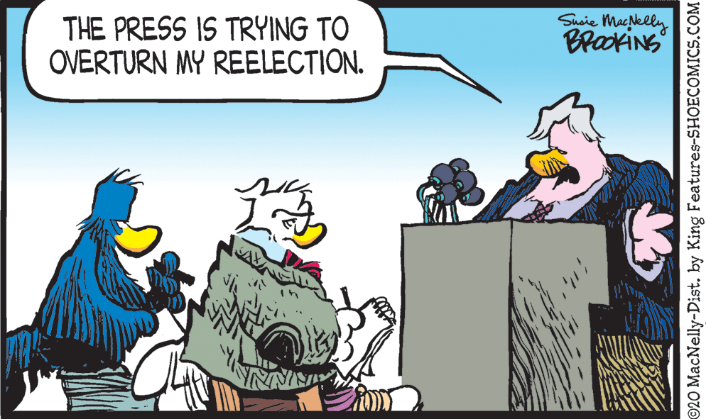 Fictional character OCR: THE PRESS IS TRYING TO OVERTURN MY REELECTION. Susie Macelly BrakiNS ©20 MacNelly-Dist. by King Features-SHOECOMICS.COM THE PRESS IS TRYING TO OVERTURN MY REELECTION. Susie Macelly BrakiNS ©20 MacNelly-Dist. by King Features-SHOECOMICS.COM