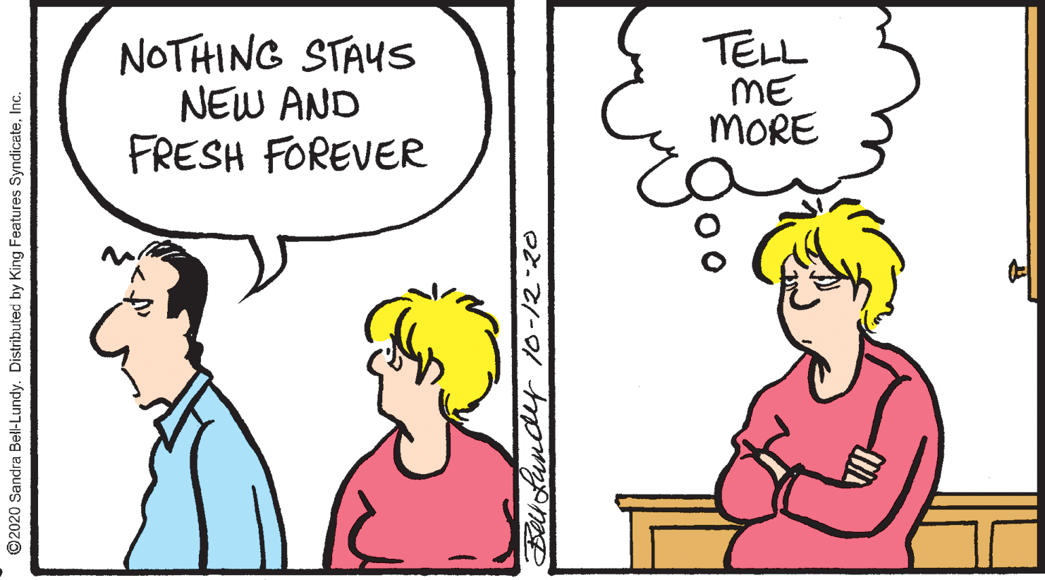 Human OCR: NOTHING STAYS NEW AND FRESH FOREVER TELL ME MORE ©2020 Sandra Bell-Lundy. Distributed by King Features SyndicateInc. NOTHING STAYS NEW AND FRESH FOREVER TELL ME MORE ©2020 Sandra Bell-Lundy. Distributed by King Features Syndicate