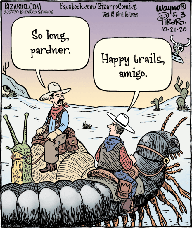 Art OCR: BIZARRO.COM ©2020 BIZARRO STUDIOS Facebook.com/BizarroComies Dist Y King Featuras Wayno® FIR?RO. 10-21.20 So longpardner. ????? trailsamigo. BIZARRO.COM ©2020 BIZARRO STUDIOS Facebook.com/BizarroComies Dist Y King Featuras Wayno® FIR?RO. 10-21.20 So longpardner. ????? trails