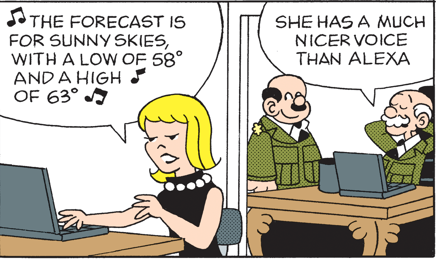 Conversation OCR: THE FORECAST IS FOR SUNNY SKIESWITH A LOW OF 58° AND A HIGH OF 63° A SHE HAS A MUCH NICER VOICE THAN ALEXA THE FORECAST IS FOR SUNNY SKIESWITH A LOW OF 58° AND A HIGH OF 63° A SHE HAS A MUCH NICER VOICE THAN ALEXA