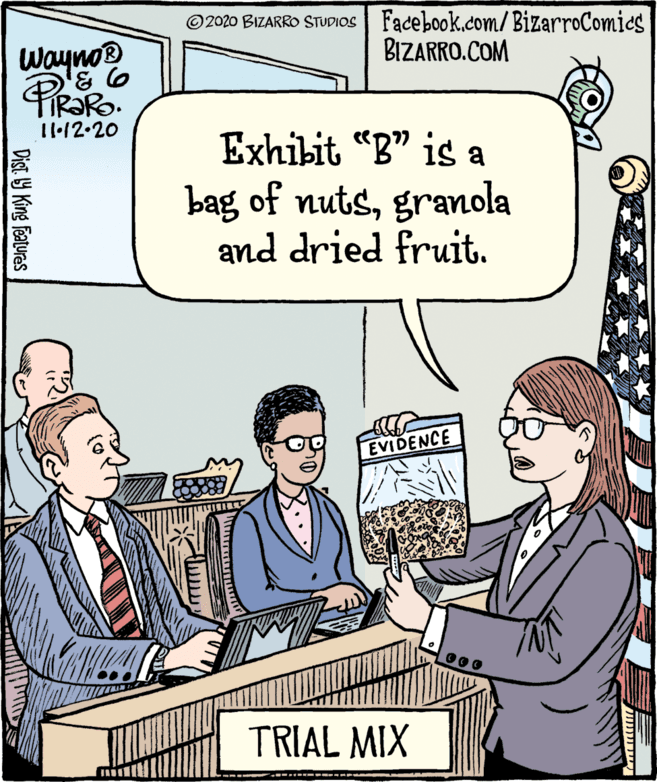 Parallel OCR: Wayno ©2020 BIZARRO STUDIOS Facebook.com/BizarroComics BIZARRO.COM 1112.20 Exhibit "B" is a bag of nutsgranola and dried fruit. EVIDENCE TRIAL MIX Dist Y King Features Wayno ©2020 BIZARRO STUDIOS Facebook.com/BizarroComics BIZARRO.COM 1112.20 Exhibit "B" is a bag of nutsgranola and dried fruit. EVIDENCE TRIAL MIX Dist Y King Features