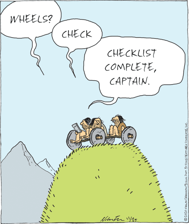 Illustration OCR: WHEELS? CHECK CHECKLIST COMPLETECAPTAIN. 111111INC. WHEELS? CHECK CHECKLIST COMPLETECAPTAIN. 111111©2020 NIKLAS ERIKSSON/BULLSDIST. By KING FEATURES SYNDICATE