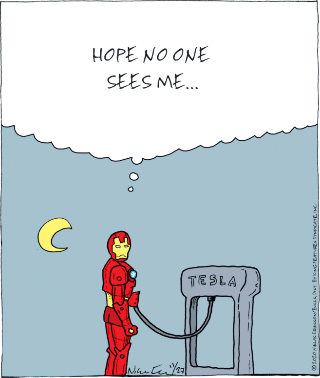 Line art OCR: HOPE NO ONE SEES ME. TESLA ©2020 NIKLAS ERIKssON/BULLSINC HOPE NO ONE SEES ME. TESLA ©2020 NIKLAS ERIKssON/BULLSDIET. By KING FEATURES SYNDICATE