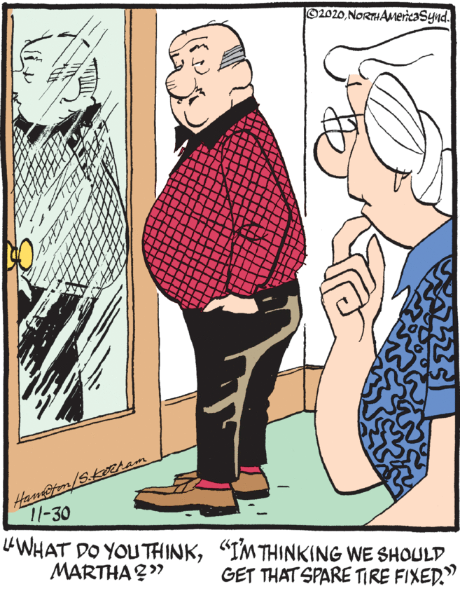 Animation OCR: 02020NORTHAMericaSynd. Han@fm/S.keeAam 11-30 LWHAT DO YOU THINK"IMTHINKING WE SHOULD MARTHA?" GET THAT SPARE TIRE FIXED" 02020NORTHAMericaSynd. Han@fm/S.keeAam 11-30 LWHAT DO YOU THINK"IMTHINKING WE SHOULD MARTHA?" GET THAT SPARE TIRE FIXED"