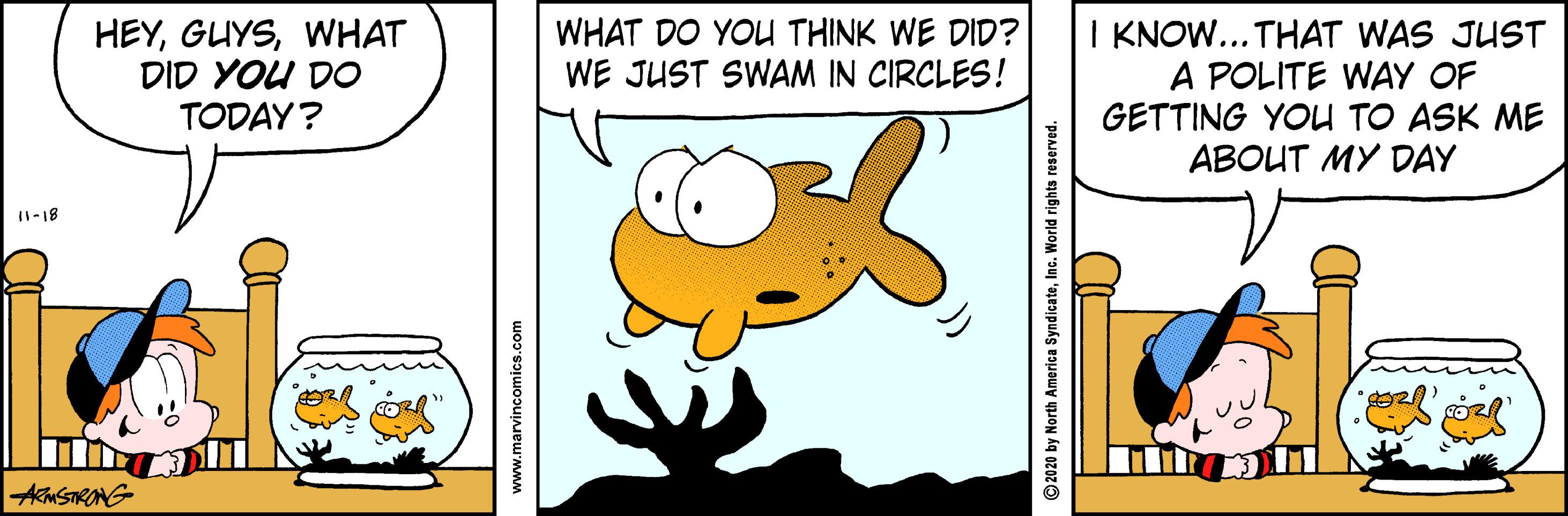 Clip art OCR: WHAT DO YOU THINK WE DID? WE JUST SWAM IN CIRCLES! HEYWHAT DID YOU DO TODAY? I KNOW... THAT WAS JUST A POLITE WAY OF GETTING YOU TO ASK ME ABOUT MY DAY I1-18 AMSTRONG www.marvincomics.com 2020 by North America SyndicateInc. World rights reserved. WHAT DO YOU THINK WE DID? WE JUST SWAM IN CIRCLES! HEYWHAT DID YOU DO TODAY? I KNOW... THAT WAS JUST A POLITE WAY OF GETTING YOU TO ASK ME ABOUT MY DAY I1-18 AMSTRONG www.marvincomics.com 2020 by North America SyndicateInc. World rights reserved.