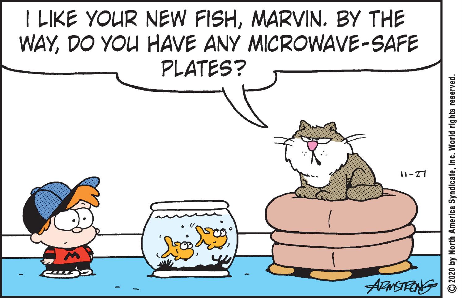 Fictional character OCR: I LIKE YOUR NEW FISHMARVIN. BY THE WAYDO YOU HAVE ANY MICROWAVE-SAFE PLATES? 11-27 O2020 by North America SyndicateInc. World rights reserved. I LIKE YOUR NEW FISHMARVIN. BY THE WAYDO YOU HAVE ANY MICROWAVE-SAFE PLATES? 11-27 O2020 by North America SyndicateInc. World rights reserved.