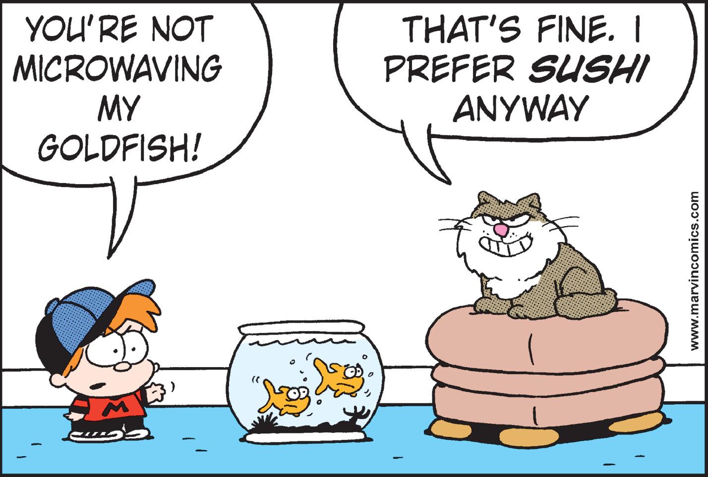 Mammal OCR: YOU'RE NOT MICROWAVING THAT'S FINE. I PREFER SUSHI ANYWAY MY GOLDFISH! www.marvincomics.com YOU'RE NOT MICROWAVING THAT'S FINE. I PREFER SUSHI ANYWAY MY GOLDFISH! www.marvincomics.com