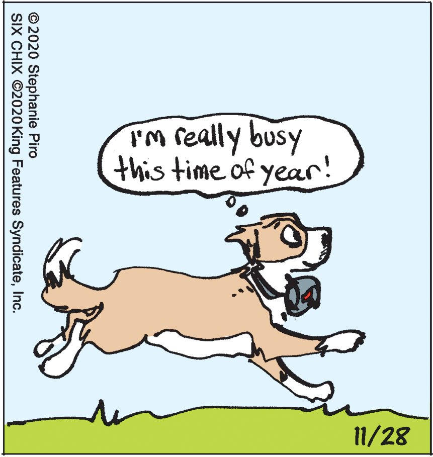 Line OCR: Tm really busy this time of year! I'M 11/28 © 2020 Stephanie Piro SIX CHIX ©2020 King Features SyndicateInc. Tm really busy this time of year! I'M 11/28 © 2020 Stephanie Piro SIX CHIX ©2020 King Features Syndicate