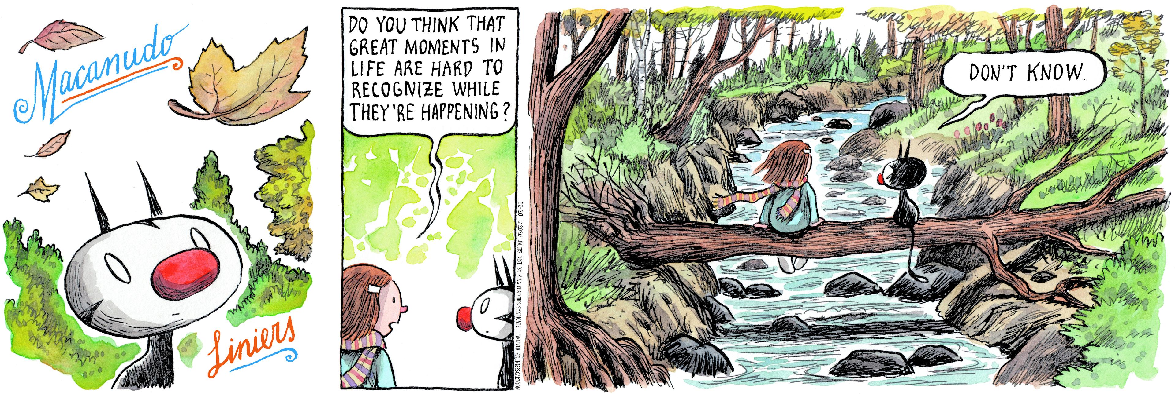 Branch OCR: Macanude DO YOU THINK THAT GREAT MOMENTS IN LIFE ARE HARD TO RECOGNIZE WHILE THEY 'RE HAPPENING ? DON'T KNOW. Liniers Macanude DO YOU THINK THAT GREAT MOMENTS IN LIFE ARE HARD TO RECOGNIZE WHILE THEY 'RE HAPPENING ? DON'T KNOW. Liniers