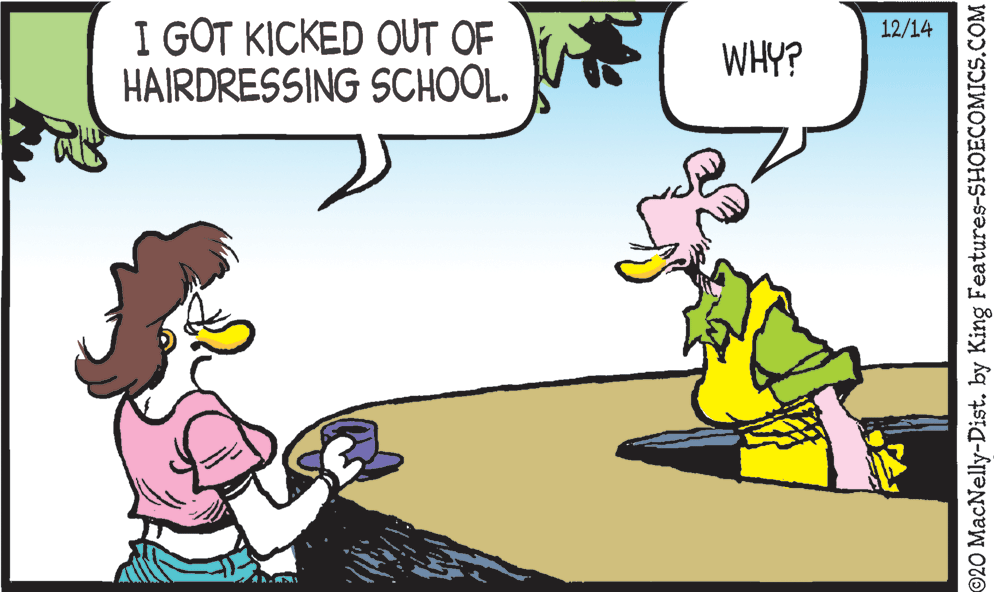 Fiction OCR: I GOT KICKED OUT OF HAIRDRESSING SCHOOL. 12/14 WHY? ©20 MacNelly-Dist. by King Features-SHOECOMICS.COM I GOT KICKED OUT OF HAIRDRESSING SCHOOL. 12/14 WHY? ©20 MacNelly-Dist. by King Features-SHOECOMICS.COM