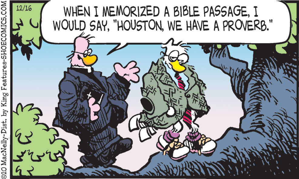 Animated cartoon OCR: WHEN I MEMORIZED A BIBLE PASSAGEI WOULD SAYWE HAVE A PROVERB." 12/16 ©20 MacNelly-Dist. by King Features-SHOECOMICS.COM WHEN I MEMORIZED A BIBLE PASSAGEI WOULD SAYWE HAVE A PROVERB." 12/16 ©20 MacNelly-Dist. by King Features-SHOECOMICS.COM
