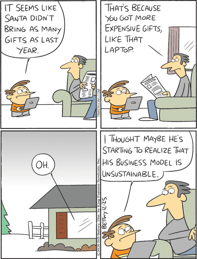 Handwriting OCR: IT SEEMS LIKE SANTA DIDN'T BRING AS MANY GIFTS AS LAST THATS BECAUSE You GOT MORE EXPENSIVE GIFTSLIKE THAT THOUGHT MAYBE HE'S STARTING TO REALIZE THAT HIS BUSINESS MODEL IS UNSUSTAINABLE. OH. YEAR. LAPTOP. 20 Bill HettwyDist. by King Fe IT SEEMS LIKE SANTA DIDN'T BRING AS MANY GIFTS AS LAST THATS BECAUSE You GOT MORE EXPENSIVE GIFTSLIKE THAT THOUGHT MAYBE HE'S STARTING TO REALIZE THAT HIS BUSINESS MODEL IS UNSUSTAINABLE. OH. YEAR. LAPTOP. 20 Bill HettwyDist. by King Fe