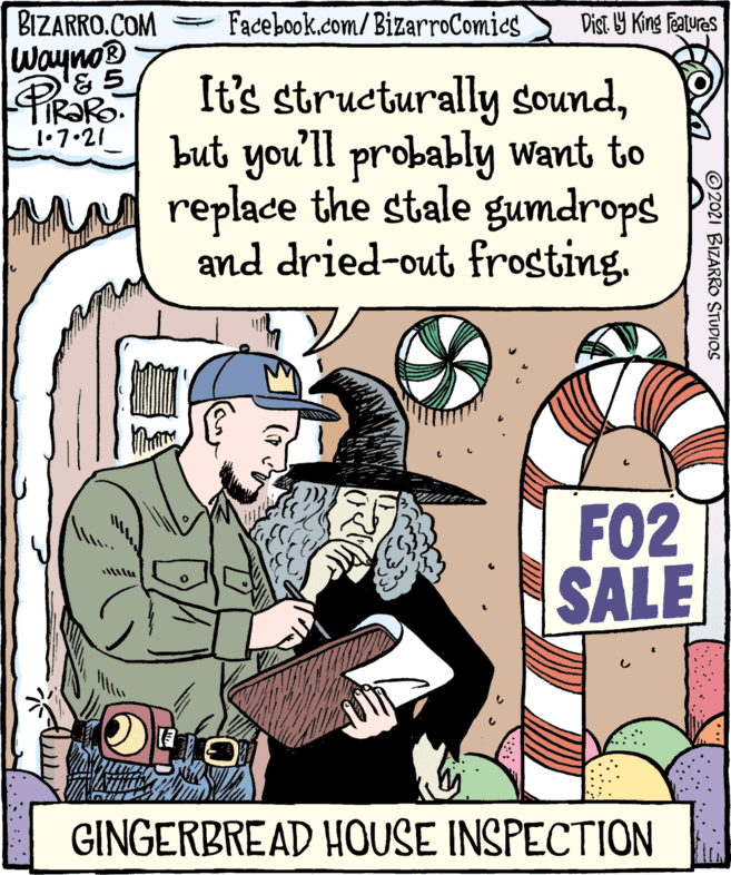 Publication OCR: BIZARRO.COM WaynoB Facebook.com/BizarroComics Dist. Y King Features It's structurally soundbut you'll probably want to replace the stale gumdrops and dried-out frosting. TIR?RO. 1•7•21 FO2 SALE GINGERBREAD HOUSE INSPECTION © 2021 BIZARRO STUDIOS BIZARRO.COM WaynoB Facebook.com/BizarroComics Dist. Y King Features It's structurally soundbut you'll probably want to replace the stale gumdrops and dried-out frosting. TIR?RO. 1•7•21 FO2 SALE GINGERBREAD HOUSE INSPECTION © 2021 BIZARRO STUDIOS