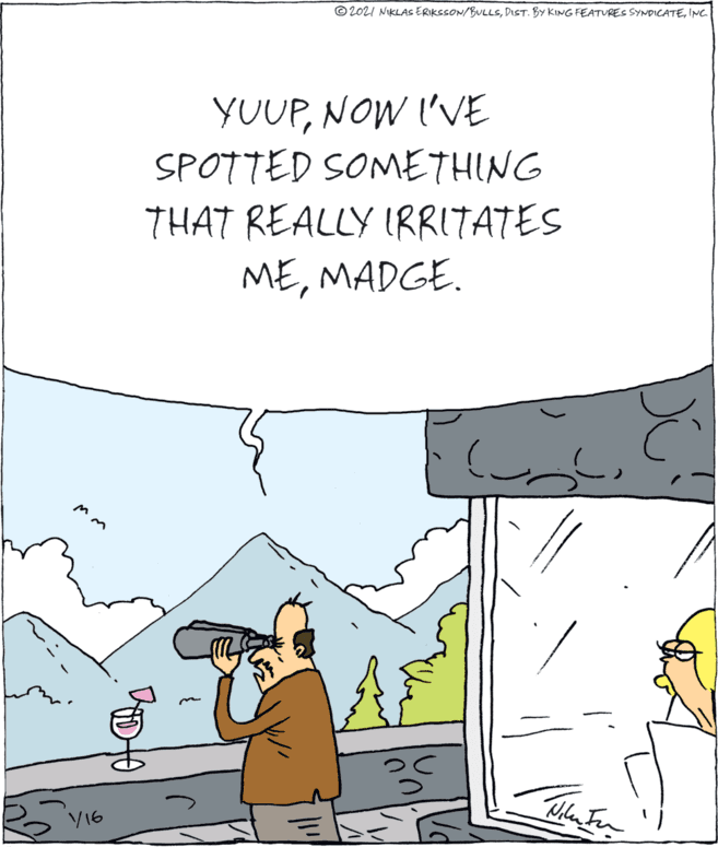 Rectangle OCR: © 202I NIKLAS ERIKSSON/BULLSINC YUUPNOW I'VE SPOTTED SOMETHING THAT REALLY IRRITATES MEMADGE. V16 © 202I NIKLAS ERIKSSON/BULLSDIST. BY KING FEATURES SYNDICATEINC YUUPNOW I'VE SPOTTED SOMETHING THAT REALLY IRRITATES MEMADGE. V16