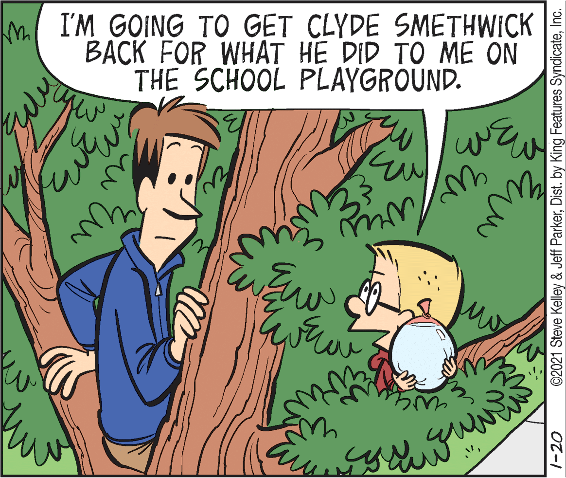 Animation OCR: M I'M GOING TO GET CLYDE SMETHWICK BACK FOR WHAT HE DID TO ME ON THE SCHOOL PLAYGROUND. 1-20 ©2021 Steve Kelley & Jeff ParkerInc. M I'M GOING TO GET CLYDE SMETHWICK BACK FOR WHAT HE DID TO ME ON THE SCHOOL PLAYGROUND. 1-20 ©2021 Steve Kelley & Jeff ParkerDist. by King Features Syndicate