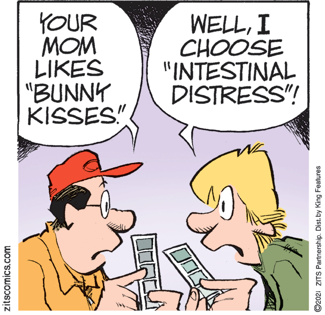 Human OCR: YOUR MOM LIKES "BUNNY KISSES!" WELLI CHOOSE "INTESTINAL DISTRESS"! zitscomics.com ©2021 ZITS Partnership. Dist. by King Features YOUR MOM LIKES "BUNNY KISSES!" WELLI CHOOSE "INTESTINAL DISTRESS"! zitscomics.com ©2021 ZITS Partnership. Dist. by King Features