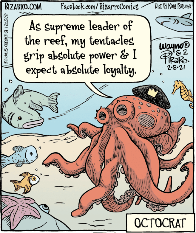 Art OCR: BIZARRO.COM Facebook.com/BizarroComics Dist. Y King Features As supreme leader of the reefmy tentacles grip absolute Wayno & 2 pOwer expect absolute loyalty. 2.8.21 ????CRAT © 2021 BIZÁRRO STUDIOS BIZARRO.COM Facebook.com/BizarroComics Dist. Y King Features As supreme leader of the reefmy tentacles grip absolute Wayno & 2 pOwer expect absolute loyalty. 2.8.21 ????CRAT © 2021 BIZÁRRO STUDIOS