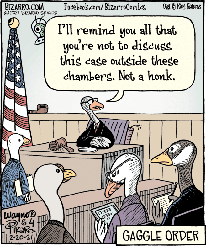 Bird OCR: BIZARRO.COM ©2021 BIZARRO STUDIOS Facebook.com/BizarroComies Dist. 9 King Featuras I'll remind you all that you're not to discuss this case outside these chambers. Not a honk. ATT Wayno® 2.20-21 GAGGLE ORDER ??????1 BIZARRO.COM ©2021 BIZARRO STUDIOS Facebook.com/BizarroComies Dist. 9 King Featuras I'll remind you all that you're not to discuss this case outside these chambers. Not a honk. ATT Wayno® 2.20-21 GAGGLE ORDER ??????1