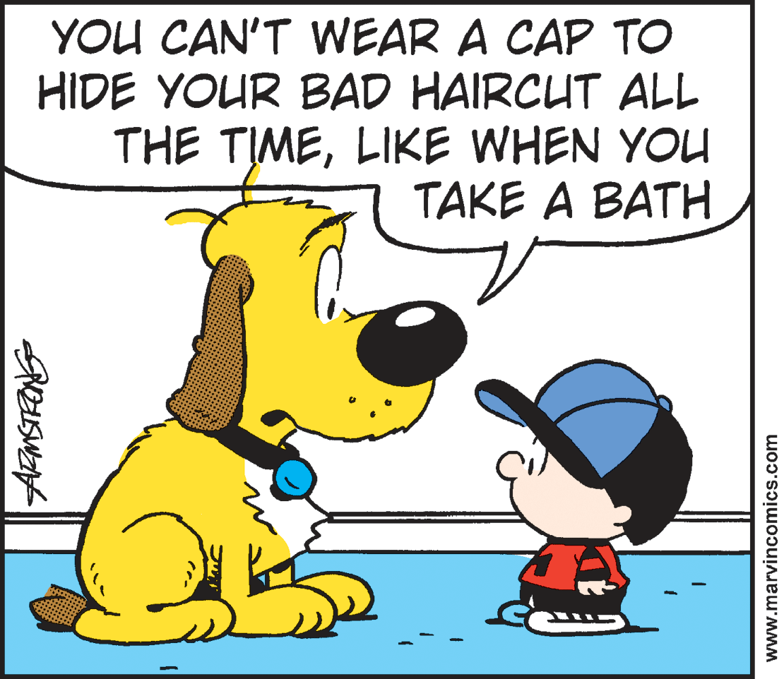 Mammal OCR: YOU CAN'T WEAR A CAP TO HIDE YOUR BAD HAIRCUT ALL THE TIMELIKE WHEN YOU TAKE A BATH www.marvincomics.com YOU CAN'T WEAR A CAP TO HIDE YOUR BAD HAIRCUT ALL THE TIMELIKE WHEN YOU TAKE A BATH www.marvincomics.com