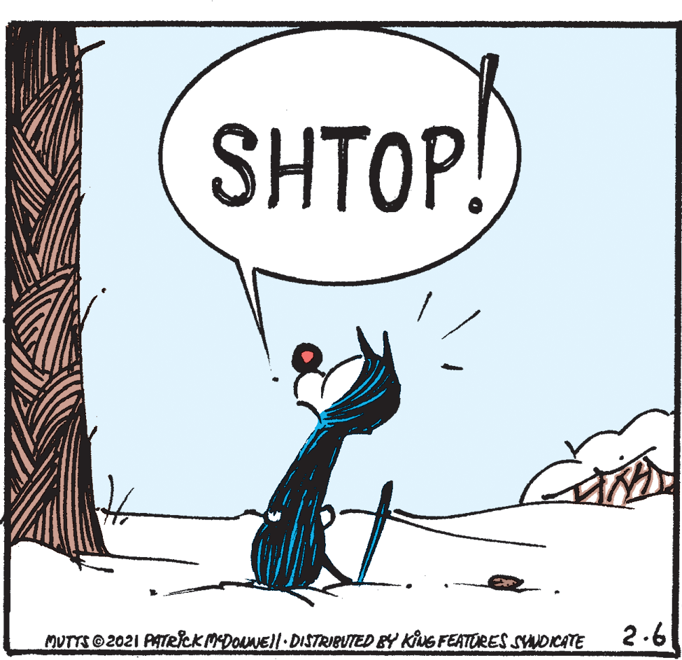Drawing OCR: SHTOP MUTTS 2021 PATRICK MDONEll DISTRIBUTED BY KING FEATORES SYDICATE 2.6 SHTOP MUTTS 2021 PATRICK MDONEll DISTRIBUTED BY KING FEATORES SYDICATE 2.6