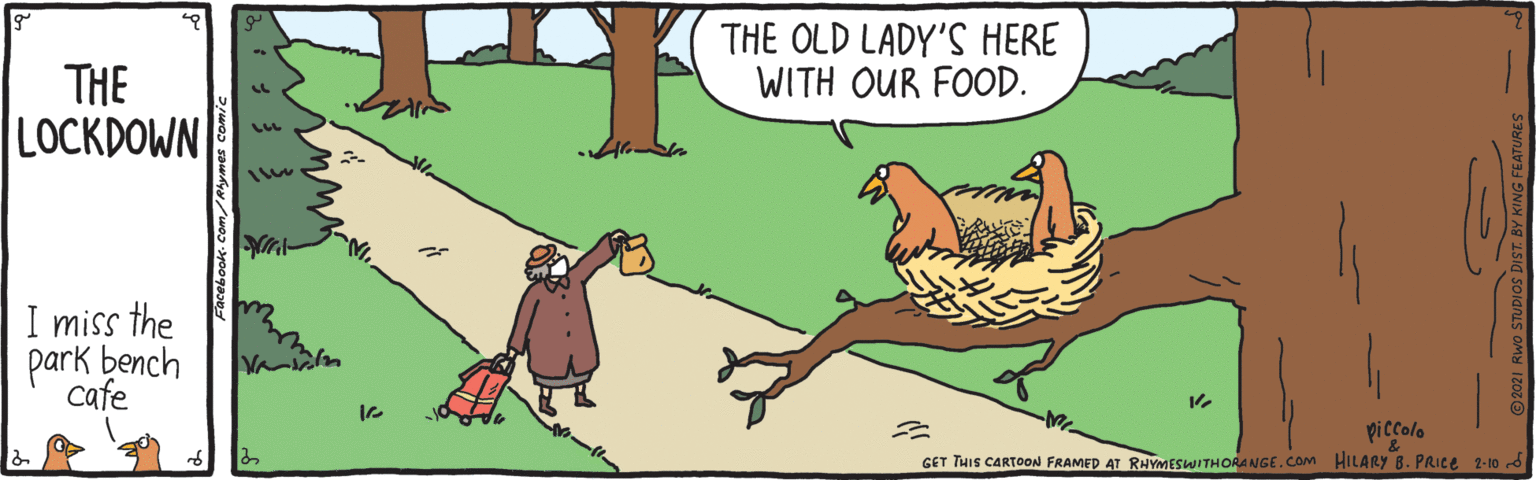 Mammal OCR: THE OLD LADY'S HERE WITH OUR FOOD. THE LOCKDOWN I miss the park bench cafe picCole GET THIS CARTOON FRAMED AT RHVMESWITHORANGE.COM HILARY 8. PRICE 2-10 THE OLD LADY'S HERE WITH OUR FOOD. THE LOCKDOWN I miss the park bench cafe picCole GET THIS CARTOON FRAMED AT RHVMESWITHORANGE.COM HILARY 8. PRICE 2-10