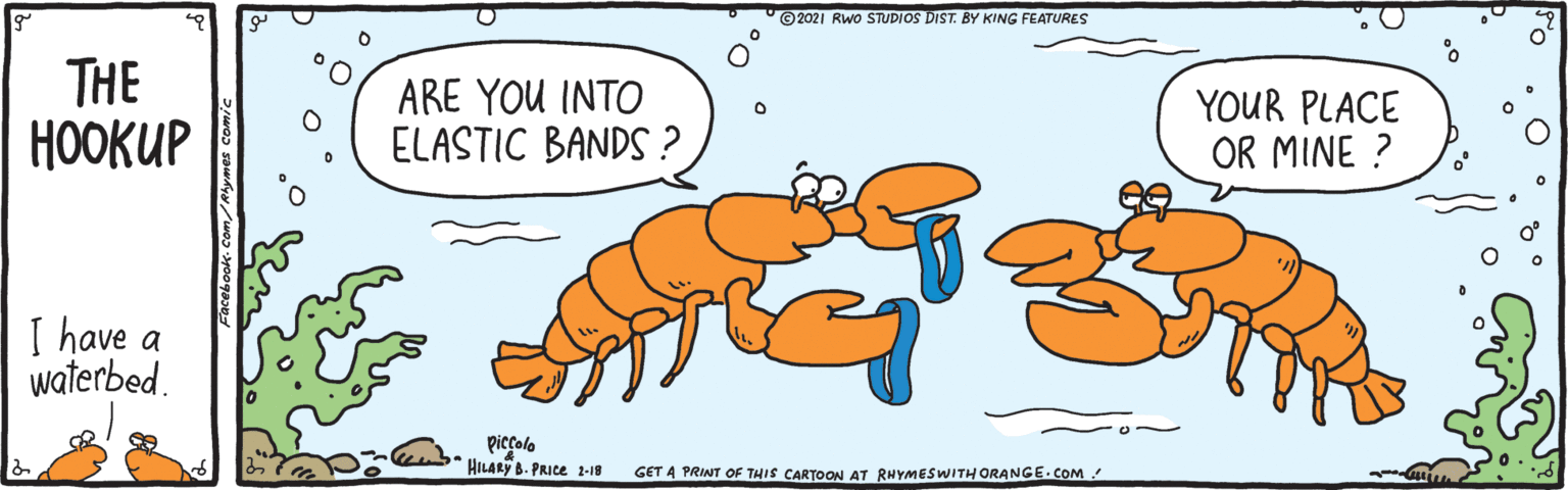 Drawing OCR: ©2021 RWo STUDIOS DIST. BY KING FEATURES THE HOOKUP ARE YOU INTO ELASTIC BANDS ? YOUR PLACE OR MINE ? I have a waterbed. piccolo HILARY B. PRICE 1-18 GET A PRINT OF THIS CARTOON AT RHYMESWITH ORANGE.COM ©2021 RWo STUDIOS DIST. BY KING FEATURES THE HOOKUP ARE YOU INTO ELASTIC BANDS ? YOUR PLACE OR MINE ? I have a waterbed. piccolo HILARY B. PRICE 1-18 GET A PRINT OF THIS CARTOON AT RHYMESWITH ORANGE.COM