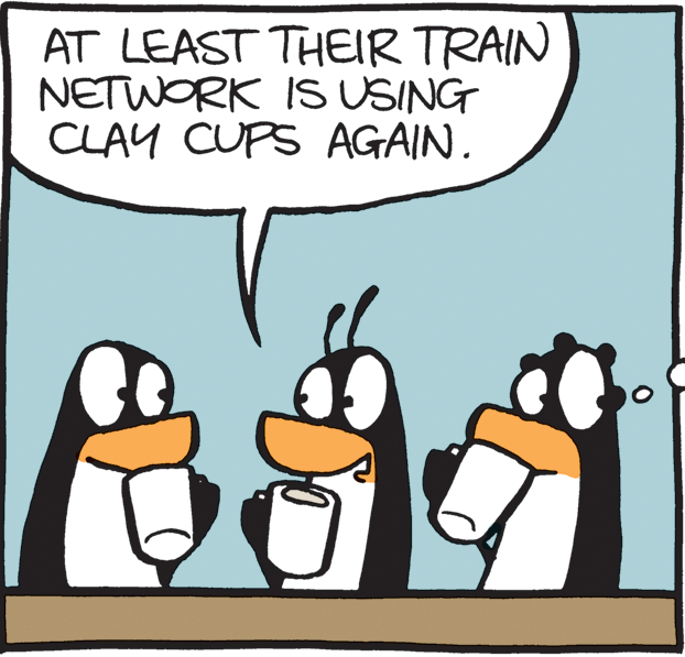 Art OCR: AT LEAST THEIR TRAIN NETWORK IS USING CLAY CUPS AGAIN. AT LEAST THEIR TRAIN NETWORK IS USING CLAY CUPS AGAIN.