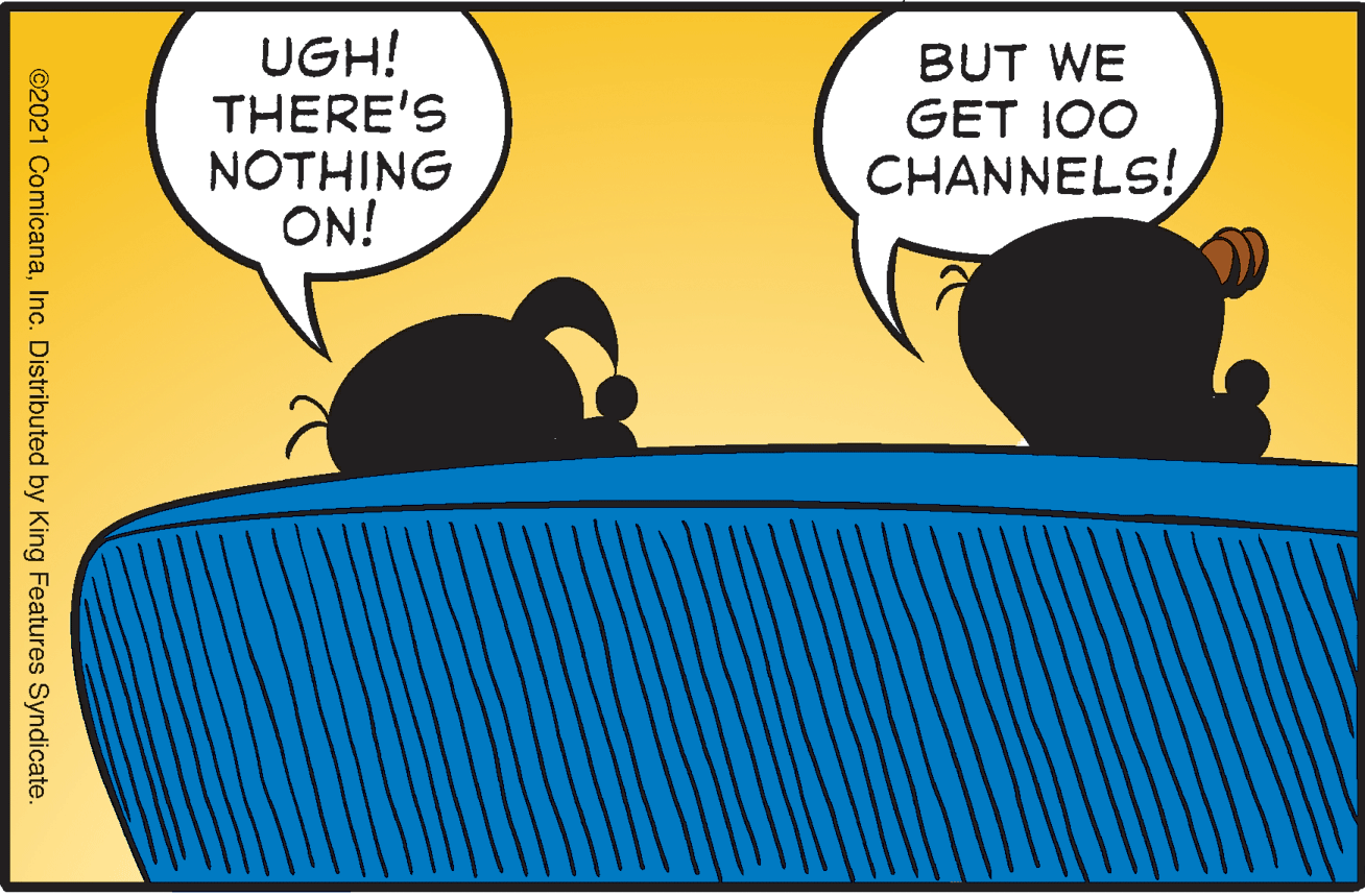 Rectangle OCR: UGH! THERE'S NOTHING ON! BUT WE GET I00 CHANNELS! ©2021 ComicanaInc. Distributed by King Features Syndicate UGH! THERE'S NOTHING ON! BUT WE GET I00 CHANNELS! ©2021 ComicanaInc. Distributed by King Features Syndicate