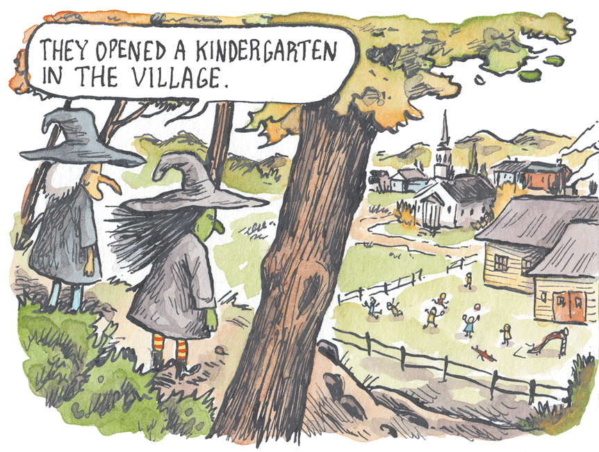 Illustration OCR: THEY OPENED A KINDERGARTEN IN THE VILLAGE. ? THEY OPENED A KINDERGARTEN IN THE VILLAGE. ?