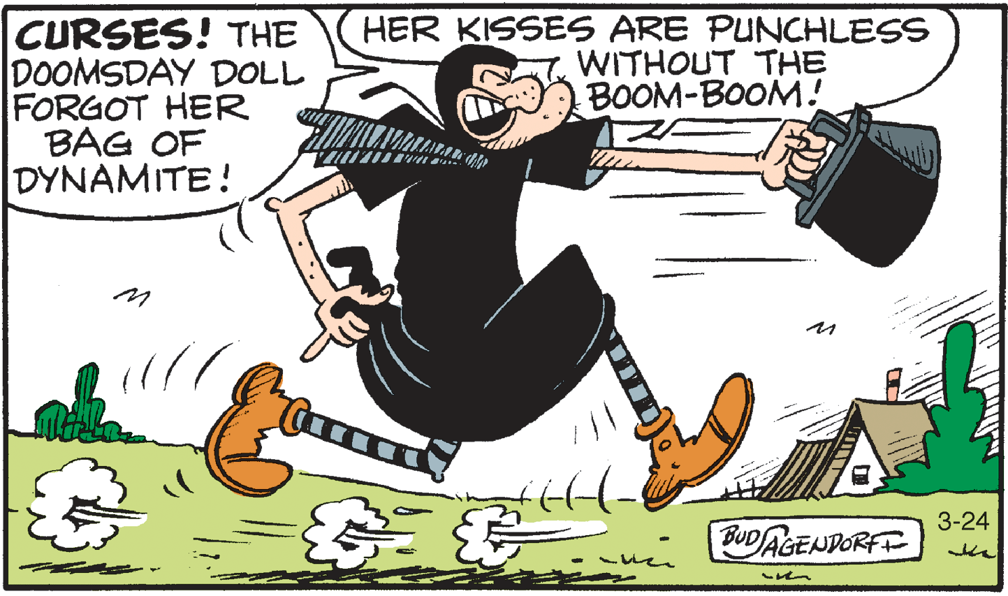 Thumb OCR: CURSES! THE DOOMSDAY DOLL FORGOT HER BAG OF DYNAMITE! HER KISSES ARE PUNCHLESS WITHOUT THE BOOM-BOOM! 3-24 BUD AGENDORFT CURSES! THE DOOMSDAY DOLL FORGOT HER BAG OF DYNAMITE! HER KISSES ARE PUNCHLESS WITHOUT THE BOOM-BOOM! 3-24 BUD AGENDORFT