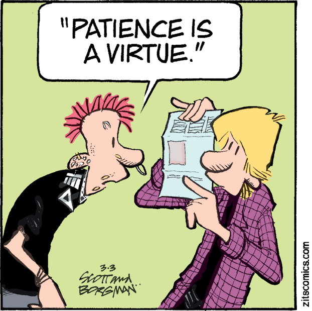 Illustration OCR: "PATIENCE IS A VIRTUE." 3.3 BORG MAN zitscomics.com "PATIENCE IS A VIRTUE." 3.3 BORG MAN zitscomics.com