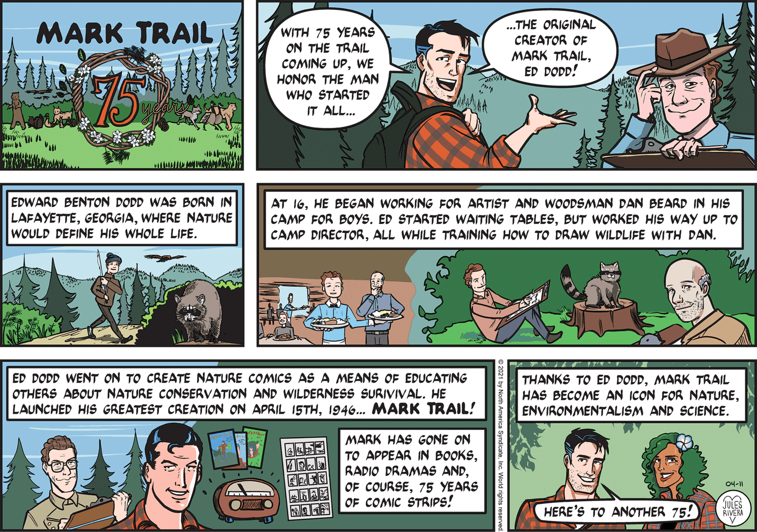 Font OCR: .THE ORIGINAL CREATOR OF MARK TRAILED DODP! MARK TRAIL WITH 75 YEARS ON THE TRAIL COMING UPWE HONOR THE MAN WHO STARTED IT ALL... EDWARD BENTON DODD WAS BORN IN LAFAYETTEWHERE NATURE WOULD DEFINE HIS WHOLE LIFE. AT 16HE BEGAN WORKING FOR ARTIST AND WOODSMAN DAN BEARD IN HIS CAMP FOR BOYS. ED STARTED WAITING TABLESBUT WORKED HIS WAY UP TO CAMP DIRECTORALL WHILE TRAINING HOW TO DRAW WILDLIFE WITH DAN. ED DODD WENT ON TO CREATE NATURE COMICS AS A MEANS OF EDUCATING OTHERS ABOUT NATURE CONSERVATION AND WILDERNESS SURIVIVAL. HE LAUNCHED HIS GREATEST CREATION ON APRIL ISTH1946.. MARK TRAIL! THANKS TO ED DODDMARK TRAIL HAS BECOME AN ICON FOR NATUREENVIRONMENTALISM AND SCIENCE. MARK HAS GONE ON TO APPEAR IN BOOKS75 YEARS OF COMIC STRIPS! 04-11 HERE'S TO ANOTHER 75! JULES RIVERA .THE ORIGINAL CREATOR OF MARK TRAILED DODP! MARK TRAIL WITH 75 YEARS ON THE TRAIL COMING UPWE HONOR THE MAN WHO STARTED IT ALL... EDWARD BENTON DODD WAS BORN IN LAFAYETTEWHERE NATURE WOULD DEFINE HIS WHOLE LIFE. AT 16HE BEGAN WORKING FOR ARTIST AND WOODSMAN DAN BEARD IN HIS CAMP FOR BOYS. ED STARTED WAITING TABLESBUT WORKED HIS WAY UP TO CAMP DIRECTORALL WHILE TRAINING HOW TO DRAW WILDLIFE WITH DAN. ED DODD WENT ON TO CREATE NATURE COMICS AS A MEANS OF EDUCATING OTHERS ABOUT NATURE CONSERVATION AND WILDERNESS SURIVIVAL. HE LAUNCHED HIS GREATEST CREATION ON APRIL ISTH1946.. MARK TRAIL! THANKS TO ED DODDMARK TRAIL HAS BECOME AN ICON FOR NATUREENVIRONMENTALISM AND SCIENCE. MARK HAS GONE ON TO APPEAR IN BOOKSRADIO DRAMAS ANDOF COURSE75 YEARS OF COMIC STRIPS! 04-11 HERE'S TO ANOTHER 75! JULES RIVERA
