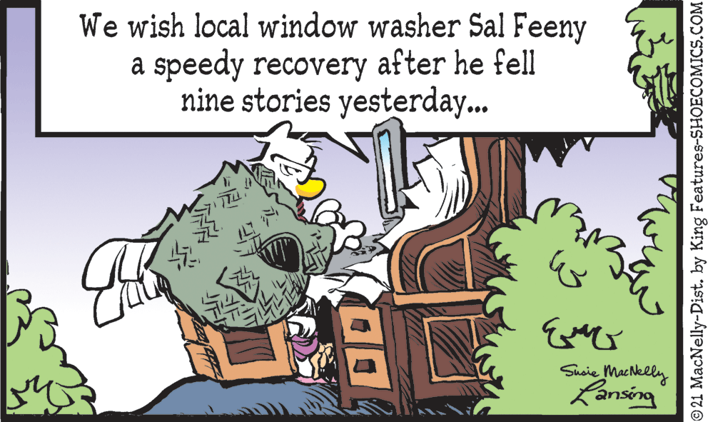 Adaptation OCR: We wish local window washer Sal Feeny a speedy recovery after he fell nine stories yesterday... 47 Sucie Machelly Lansing ©21 MacNelly-Dist. by King Features-SHOECOMICS.COM We wish local window washer Sal Feeny a speedy recovery after he fell nine stories yesterday... 47 Sucie Machelly Lansing ©21 MacNelly-Dist. by King Features-SHOECOMICS.COM