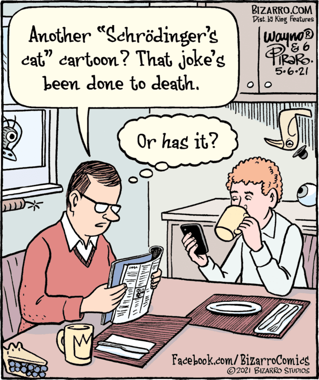 Art OCR: BIZARRO.COM Dist. ba King Features Another "Schrödinger's cat" cartoon? That joke's Wayno 5.6.21 been done to death. Or has it? Facebook.com/BizarroComics © 2021 BIZARRO STUDIOS BIZARRO.COM Dist. ba King Features Another "Schrödinger's cat" cartoon? That joke's Wayno 5.6.21 been done to death. Or has it? Facebook.com/BizarroComics © 2021 BIZARRO STUDIOS