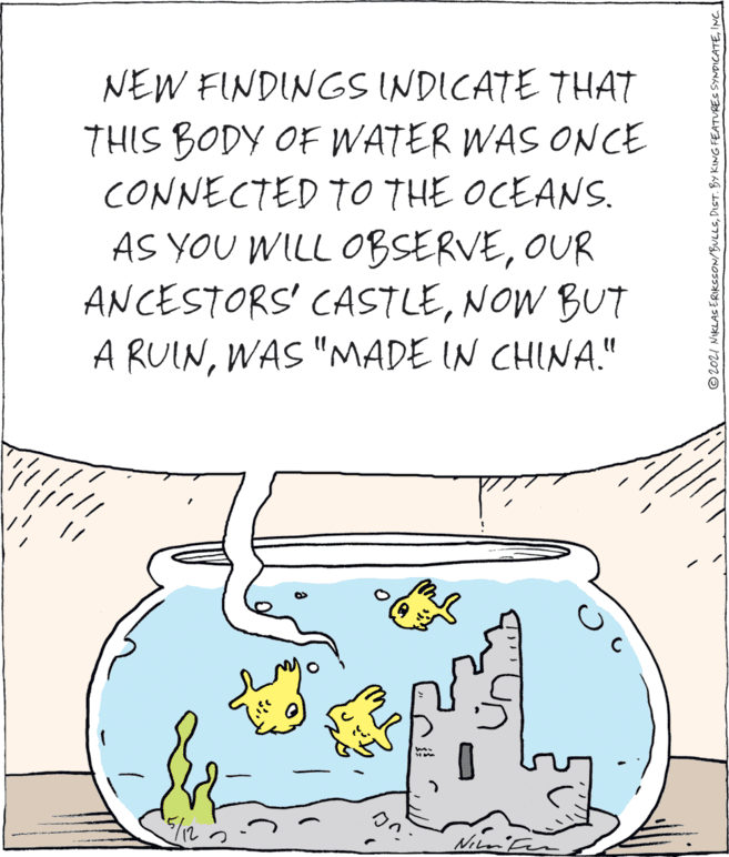Illustration OCR: NEW FINDINGS INDICATE THAT THIS BODY OF WATER WAS ONCE CONNECTED TO THE OCEANS. AS YOU WILL OBSERVEOUR ANCESTORS' CASTLENOW BUT A RUINWAS "MADE IN CHINA." ///// Nin © 2021 NIKLAS ERIKSSON/BULLSINC NEW FINDINGS INDICATE THAT THIS BODY OF WATER WAS ONCE CONNECTED TO THE OCEANS. AS YOU WILL OBSERVEOUR ANCESTORS' CASTLENOW BUT A RUINWAS "MADE IN CHINA." ///// Nin © 2021 NIKLAS ERIKSSON/BULLSDIST. BY KING FEATURES SYNDICATE