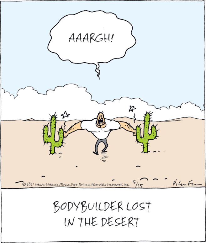 People in nature OCR: AAARGH! Nilen Feem LOI NIKLAS ERIKSSON/BULLSINC. BODYBUILDER LOST IN THE DESERT AAARGH! Nilen Feem LOI NIKLAS ERIKSSON/BULLSDIST. BY KING FEATURES SYNDICATEINC. BODYBUILDER LOST IN THE DESERT