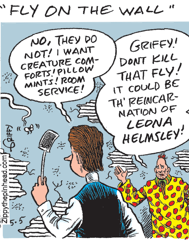 Font OCR: "FLY ON THE WALL" NOTHEY DO NOT! I WANT CREATURE COM- FORTS! PILLOW MINTS! ROOM SERVICE! GRIFFY! DONT KILL THAT FLY! IT COULD BE TH' REINCAR- NATION OF LEONA HELMSLEY! Zippythepinhead.com "FLY ON THE WALL" NOTHEY DO NOT! I WANT CREATURE COM- FORTS! PILLOW MINTS! ROOM SERVICE! GRIFFY! DONT KILL THAT FLY! IT COULD BE TH' REINCAR- NATION OF LEONA HELMSLEY! Zippythepinhead.com