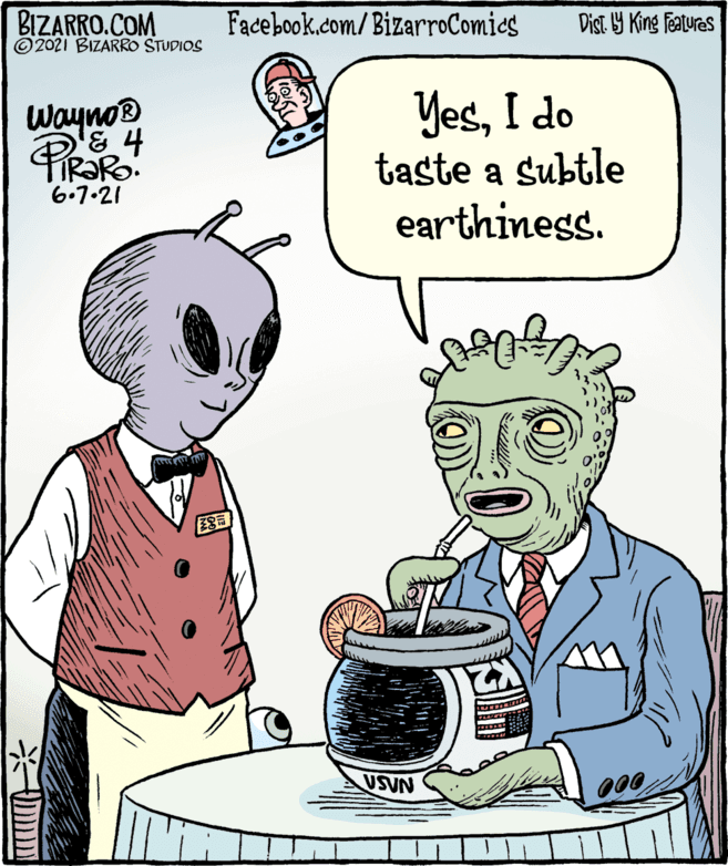 Drinkware OCR: BIZARRO.COM ©2021 BIZARRO STUDIOS Facebook.com/BizarroComics Dist Y King features YesI do taste a subtle earthiness. Wayno® 6.7.21 USUN BIZARRO.COM ©2021 BIZARRO STUDIOS Facebook.com/BizarroComics Dist Y King features YesI do taste a subtle earthiness. Wayno® 6.7.21 USUN
