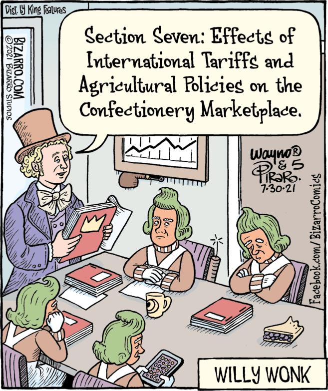 Line OCR: Dist. Y King Features Section Seven: Effects of International Tariffs and Agricultural Policies on the Confectionery Marketplace. Wayno 1-30-21 WILLY WONK Facebook.com/ BizarroComics BIZARRO.COM © 2021 BIZARRO STUDIOS Dist. Y King Features Section Seven: Effects of International Tariffs and Agricultural Policies on the Confectionery Marketplace. Wayno 1-30-21 WILLY WONK Facebook.com/ BizarroComics BIZARRO.COM © 2021 BIZARRO STUDIOS