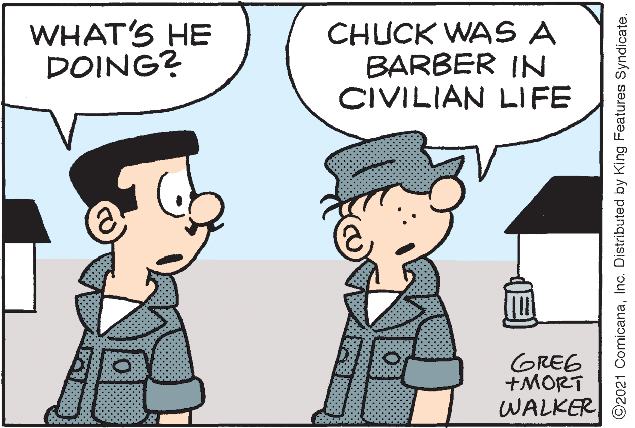 Human OCR: WHAT'S HE DOING? CHUCK WAS A BARBER IN CIVILIAN LIFE GREG +MORT WALKER ©2021 ComicanaInc. Distributed by King Features Syndicate. WHAT'S HE DOING? CHUCK WAS A BARBER IN CIVILIAN LIFE GREG +MORT WALKER ©2021 ComicanaInc. Distributed by King Features Syndicate.